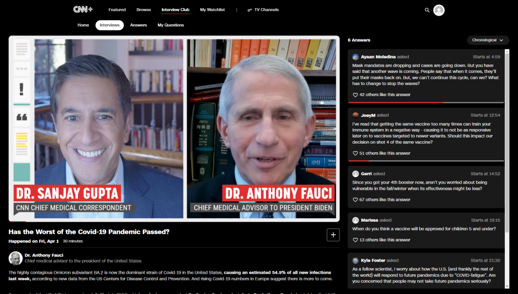 A screenshot from an episode of Interview Club, showing Dr. Sanjay Gupta interviewing Dr. Anthony Fauci. To the right are questions from members, with numbers showing how many voted for each question.