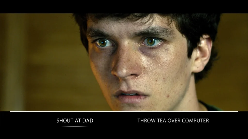 A screenshot from Netflix's "Black Mirror: Bandersnatch," showing a character's face and two prompts: "Shout at Dad" and "Throw Tea Over Computer."