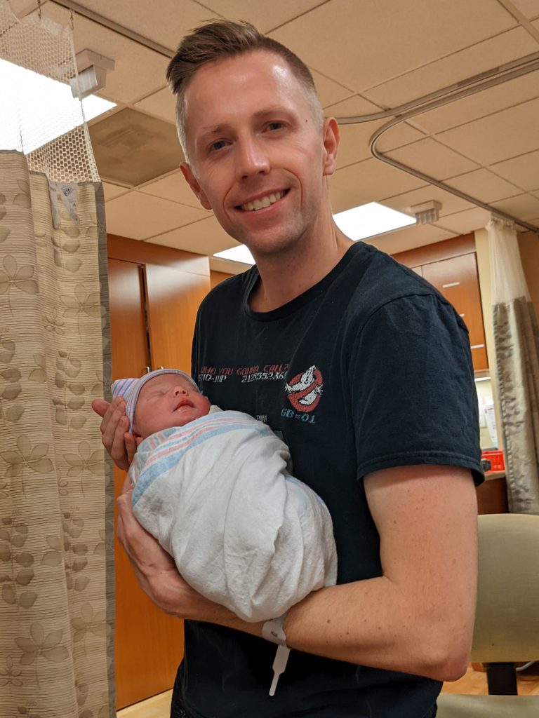 A picture of me holding my son, Patrick James, just after he was born.