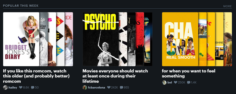 A screenshot from Letterboxd's lists page, showing lists for "If you like this romcom, watch this older {and probably better) romcom," "Movies everyone should watch at least once during their lifetime," and "for when you want to feel something."