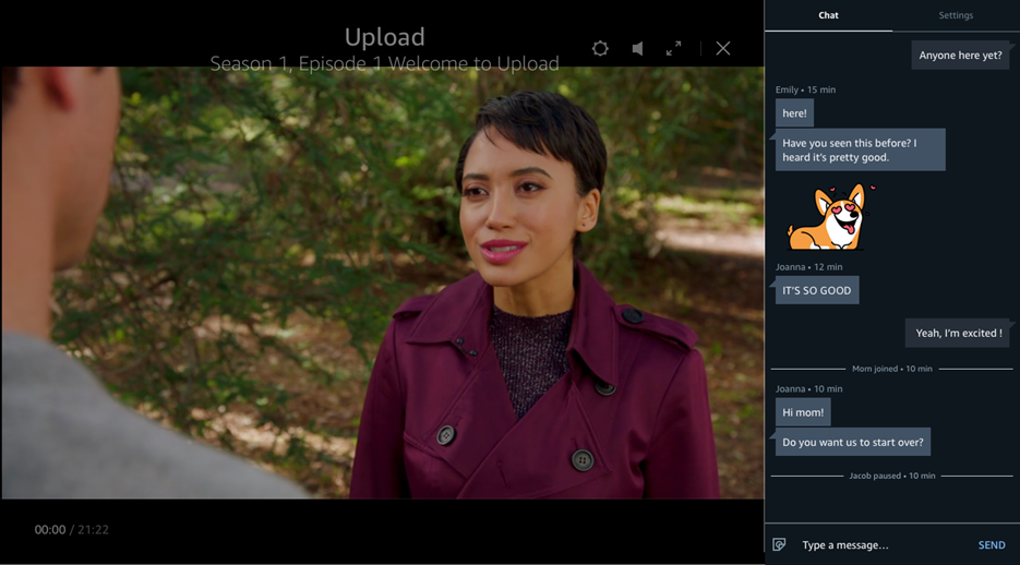 A screenshot of a Prime Video Watch Party session showing a show that is being watched by all parties, with a chat room for text reaction and emojis, only for the people watching with you.